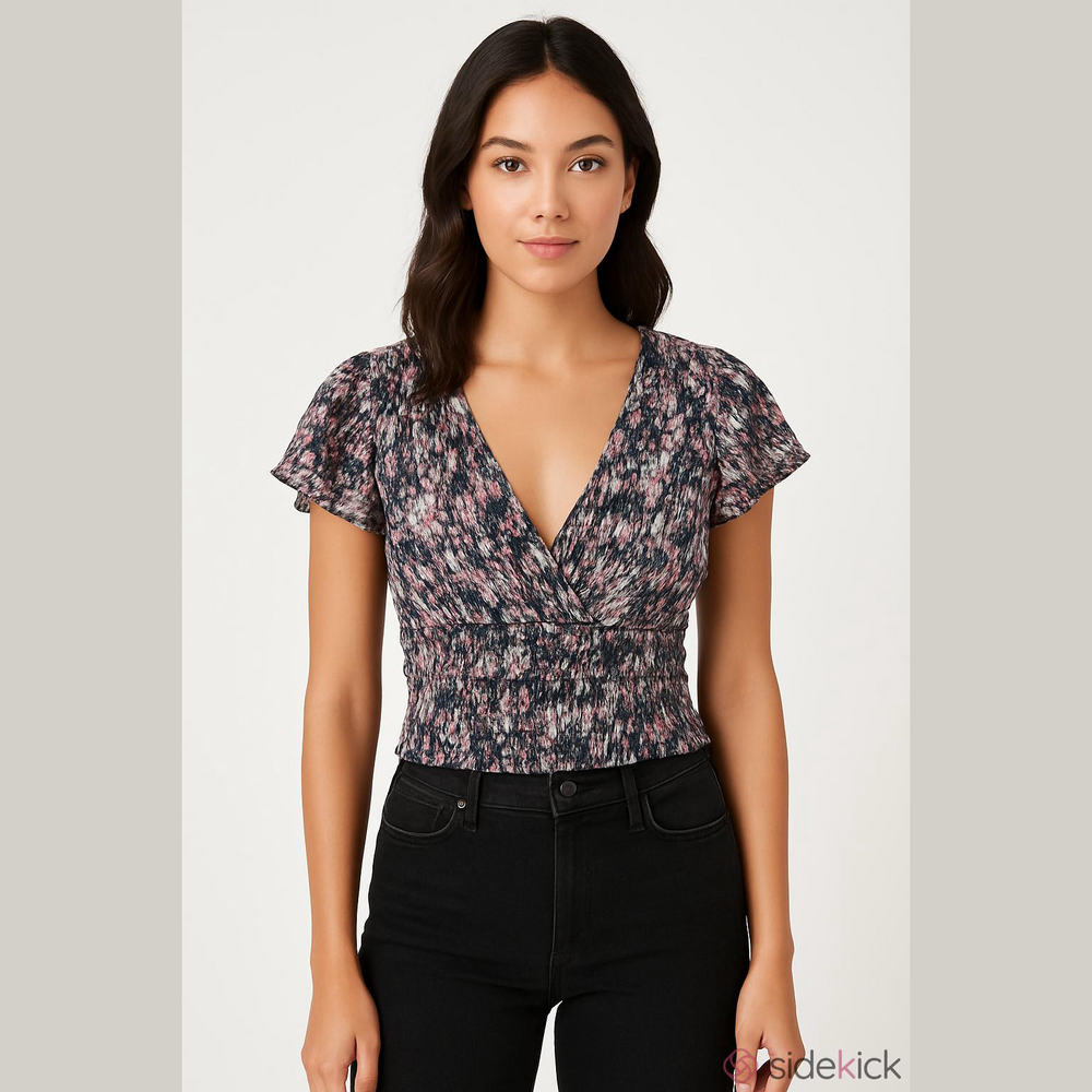 House of Harlow 1960 Blue and Pink Flutter Sleeve Blouse